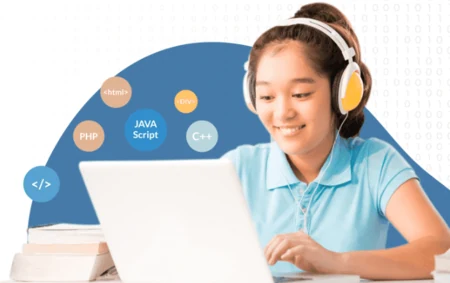 Girl wearing headphones coding on a laptop, surrounded by icons for HTML, PHP, JavaScript, and C++